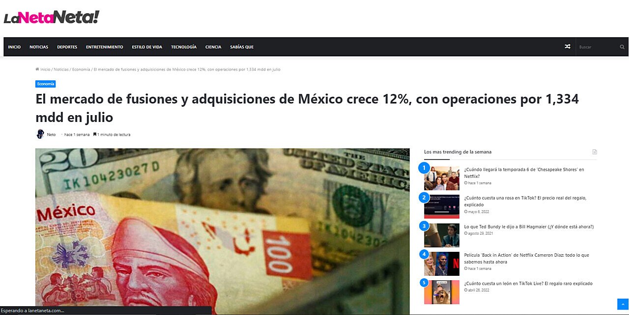 El mercado de fusiones y adquisiciones de Mxico crece 12%, con operaciones por 1,334 mdd en julio